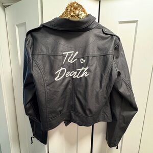 Gray Leather Jacket with 'Til Death' Embroidery